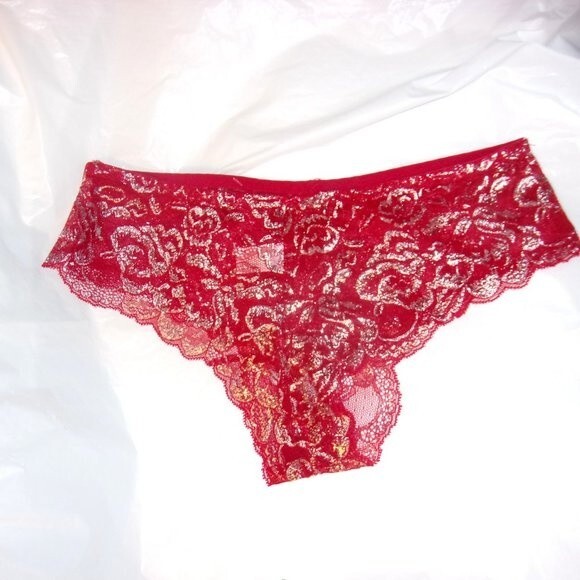 Youmita 36B Chili Pepper Metallic Lace Strappy Bra & Large Hipster Set NWT - Picture 9 of 10